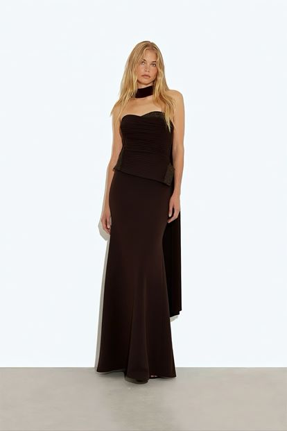 Kahverengi Işıltı Detaylı Abiye Elbise